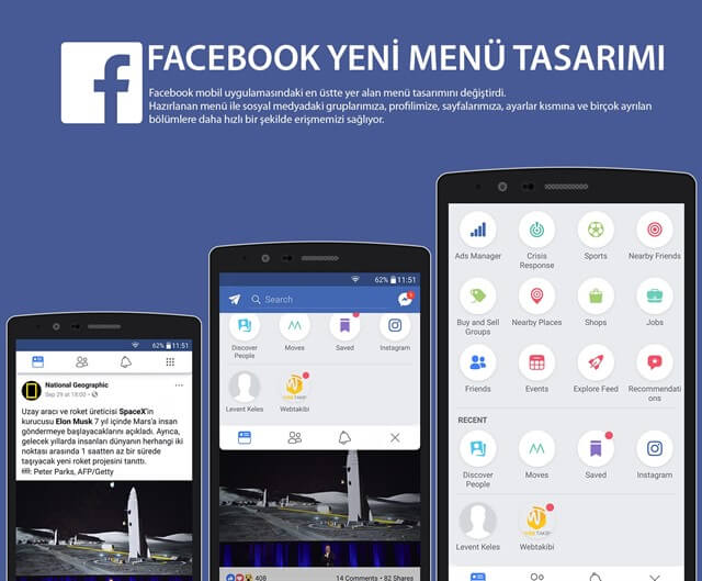 Facebook mobil uygulaması menü tasarımı küçük