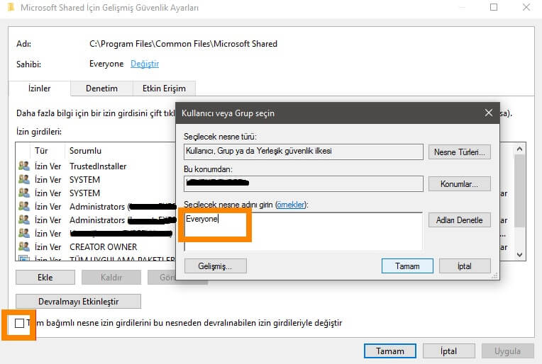 Windows 10 yönetici izinlerini tamamen açma