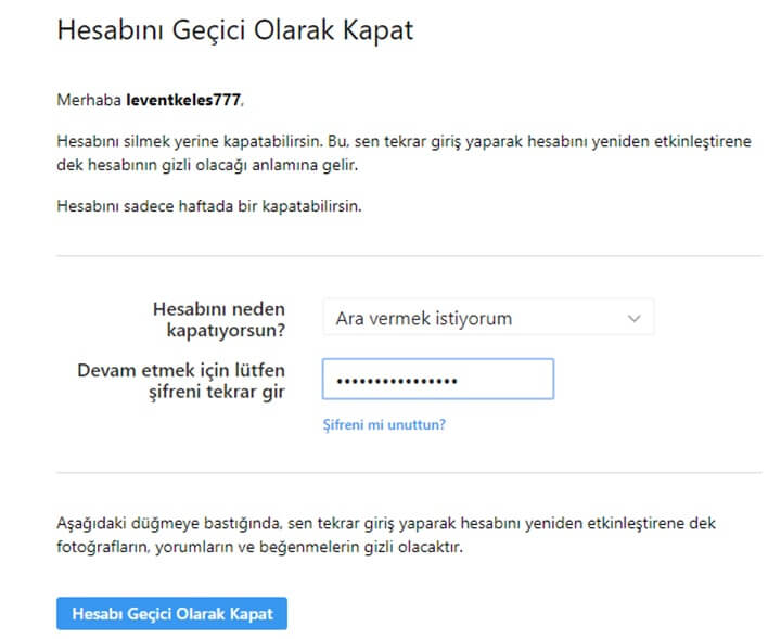 Instagram hesabını geçici olarak kapatma