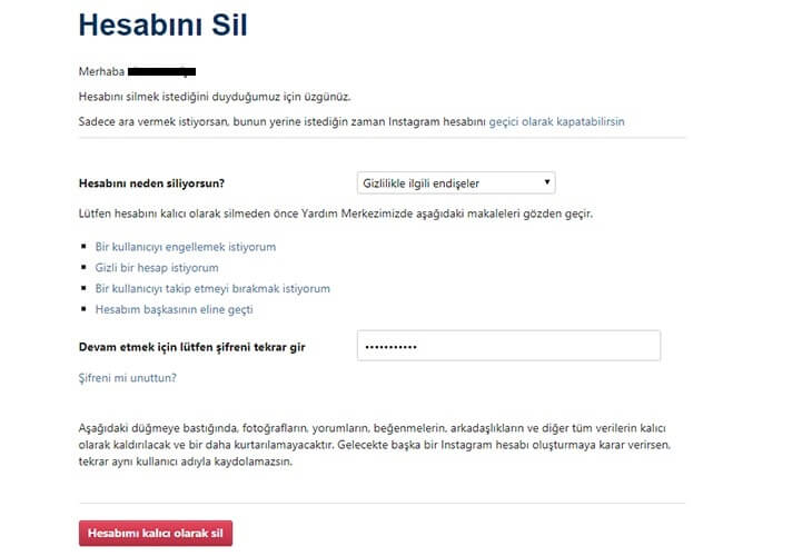 Instagram hesabını kalıcı olarak silme işlemi